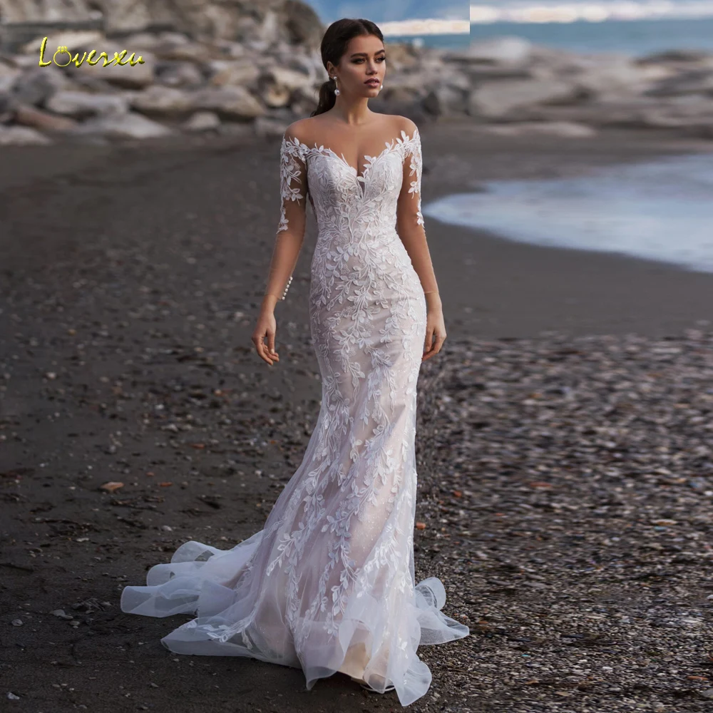 Loverxu Mermaid Wedding Dresses Sweetheart Long Sleeve Robe De Mariee Appliques Vintage Illusion Elegant Custom Made Bridal Gown