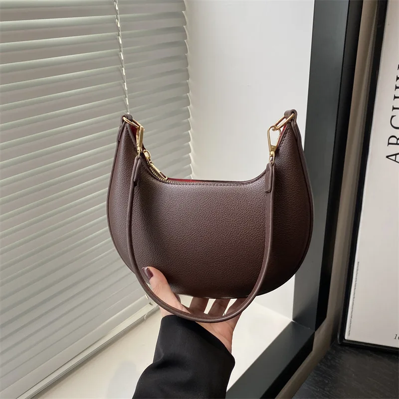 

Vintage Tote Bag Retro Half Moon Pu Leather Handbag Shoulder Bags for Women Detachable Strap, Zipper Closure, Polyester Lining