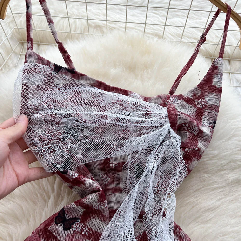 Chic vintage Sexy stampa in pizzo diviso sottile Elegante Fata Estate moda coreana Boho Vestito estivo abbigliamento donna Abito lungo