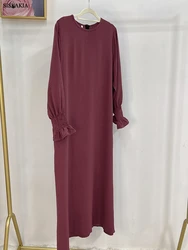 Siskakia Dubai Saudi Casual Solid Modest Abaya Morocan Turkish Lantern Sleeve O-Neck Daily Clothing Muslim Gulf Under Dress