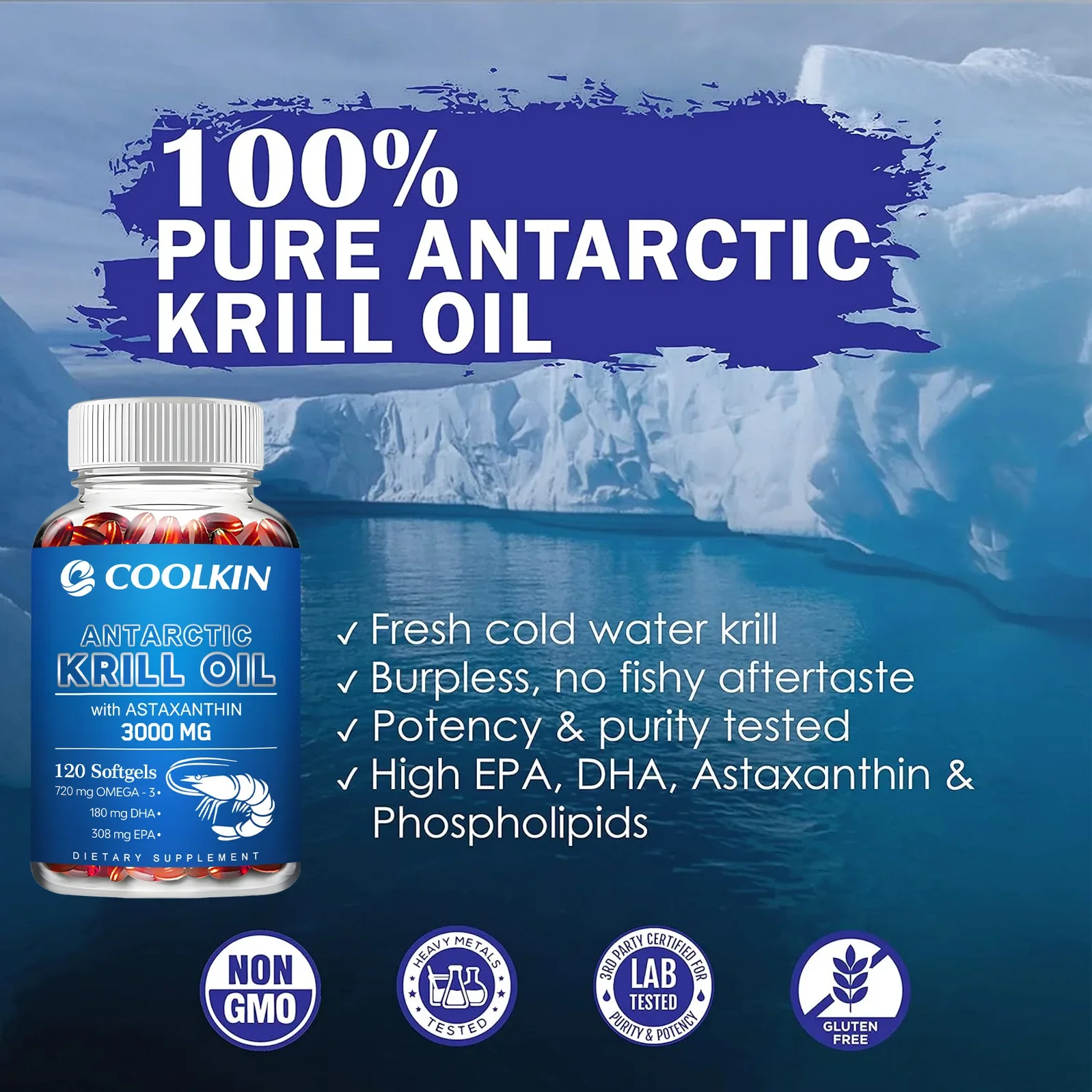 Antarctic Krill Oil Supplement - Promotes Skin, Bone and Joint Health and Supports Blood Flow