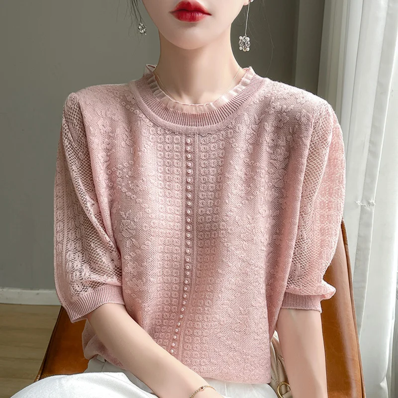 Summer Lyocell Thin Short Sleeved Women\'s French Solid Round Neck Loose Pullover Fashionable And Elegant Silk T-Shirt Top