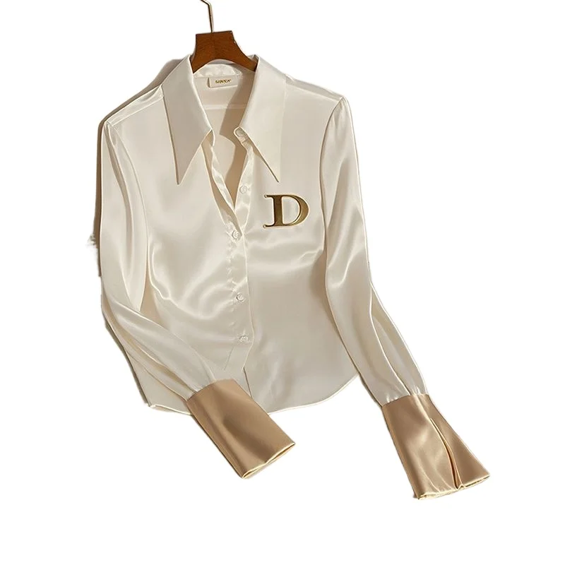 

Французская легкая роскошная белая атласная рубашка для женщин: дизайнерская, нишевая, весенне-осенняя, уникальная, шикарная, высококачественная, для офиса