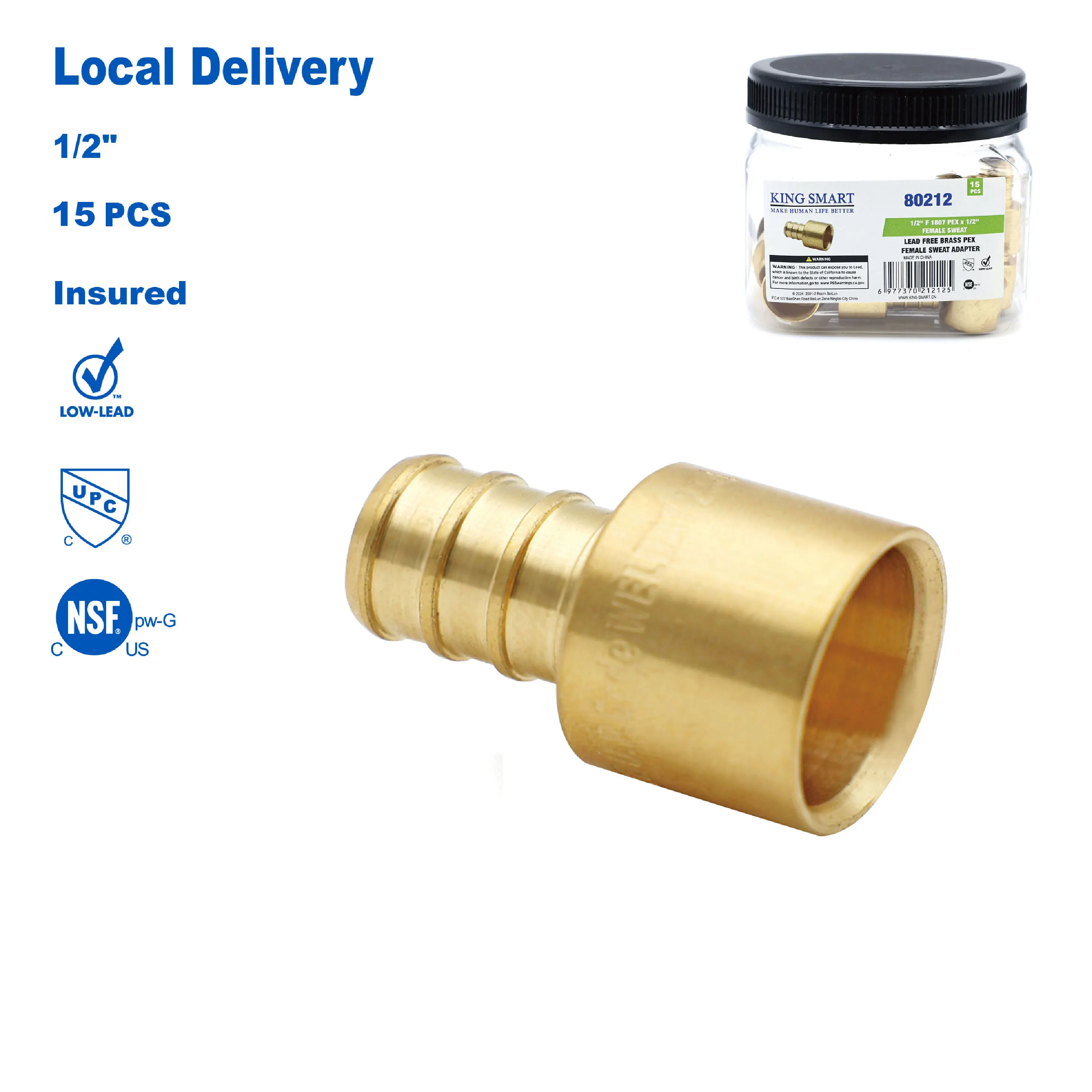 

KING SMART Crimp/F1807 PEX 1/2" * 1/2" Female Sweat Adapter; Lead Free Brass; 15Pcs/Case; 80212