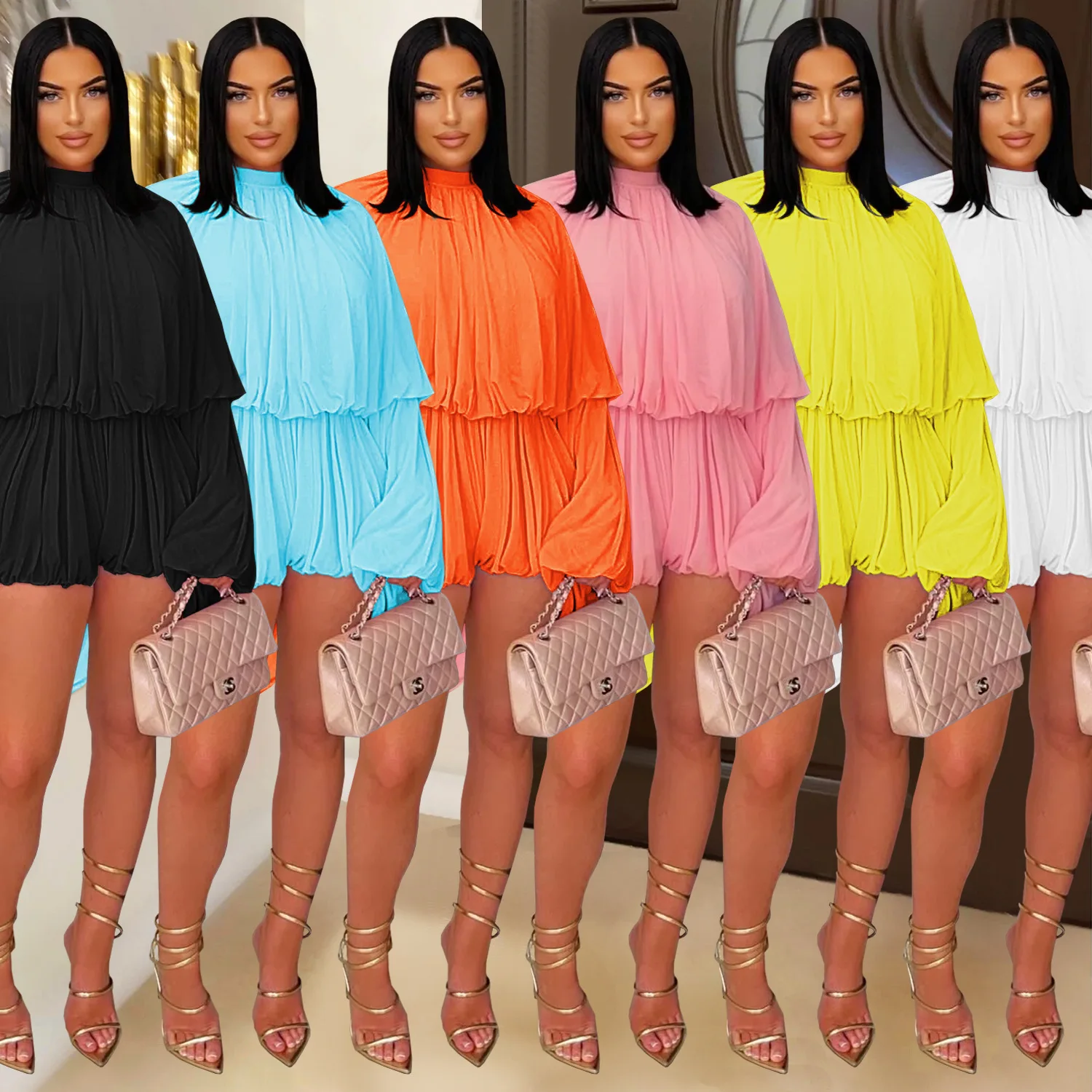 

Women's Jumpsuit Fashionable Casual Pleated Solid Color Long Sleeved Round Neck Jumpsuit Shorts 2025 Summer