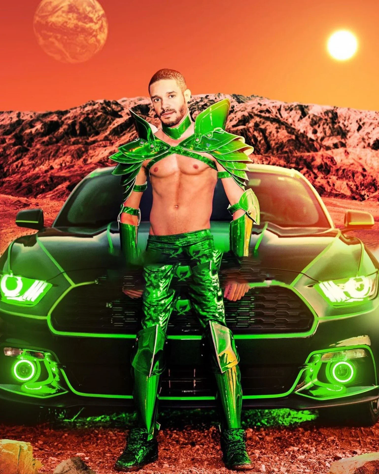 เทคโนโลยีเกราะกระจกสีเขียว Gogo Laser Party Performance Suit สําหรับผู้ชายที่มีการแฟนตาซีในอนาคต