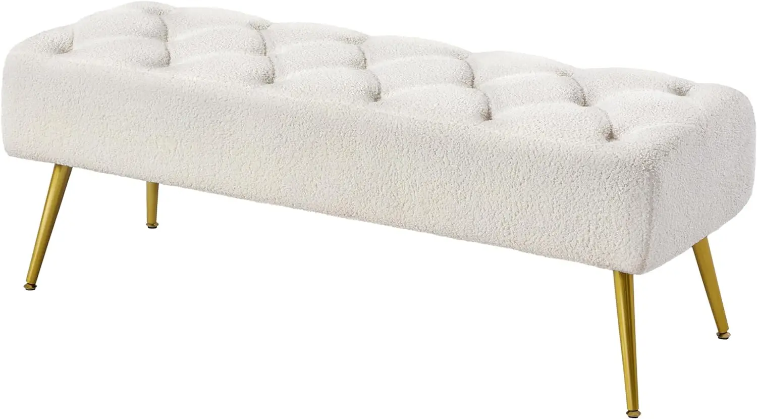 

Modern Ottoman Bench Boucle Bench Upholstered Footrest for Living Room with Gold Metal Legs and Padded Seat Ivory