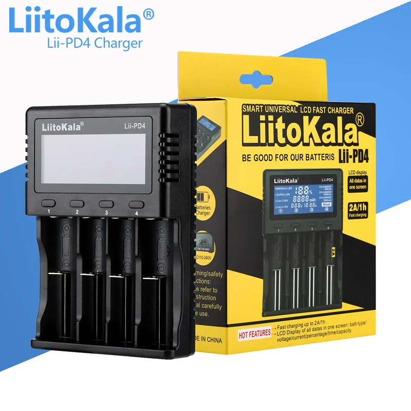 LiitoKala Lii-PD4 4 slot LCD 18650 Battery Charger for 1.2V 3.7V Li-ion 18650/18500/16340/26650/21700 /20700/18350 cr123a