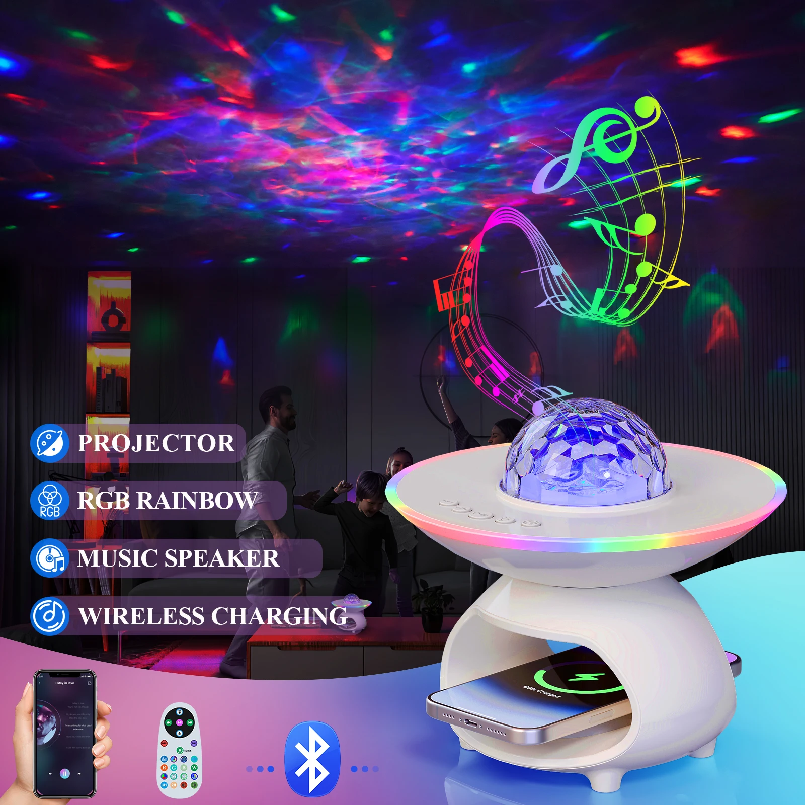 

Flash Rhythm Timing Decor Беспроводная зарядка RGB BT Плеер Ночные огни Динамик Настольные настольные лампы Звездный проектор Светодиодный музыкальный свет
