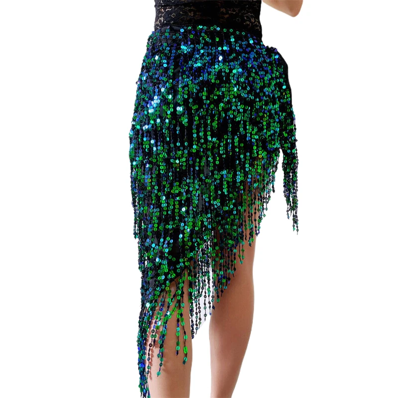 Bauchtanz-Hüfttuch für Damen, Pailletten-Quasten-Wickelrock, Asymmetrischer Hüftgürtel, Glänzender Schimmerrock für Festival, Party, Aufführung, Y2K-Tanz – Detail 12