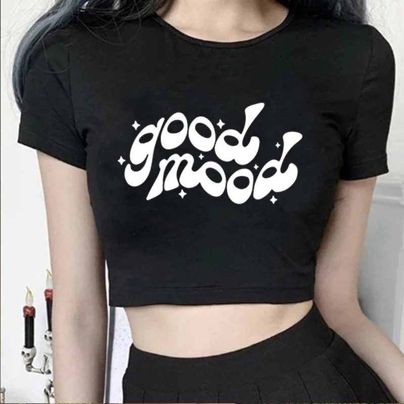 Good Mood Y 2k Baby Tee Retro Fashion o-collo Tee donna crop, manica corta donna Sexy Cropped Top t-shirt corta da donna