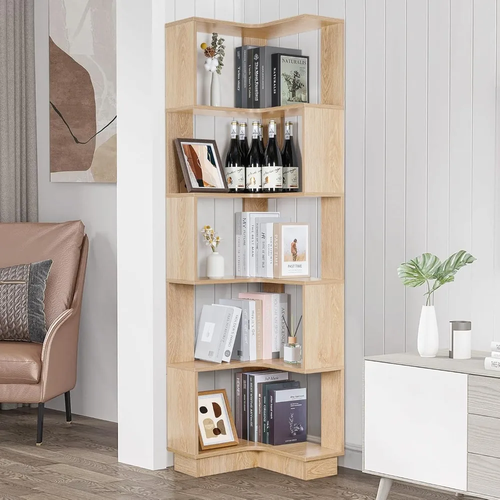 

Wooden Corner Bookcase, 5 Tiers Corner Bookshelf 68.9 L-Shaped Storage Display Rack Tall Large Open Bookshelf with Fixture