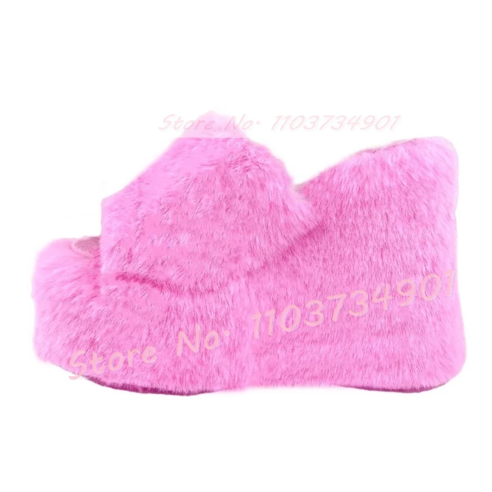 Pink Furry Platform Wedge Slippers Women Stylish Fur Open Toe Girls Lovely Party Shoes Female Elegant Round Toe Fluffy Slippers