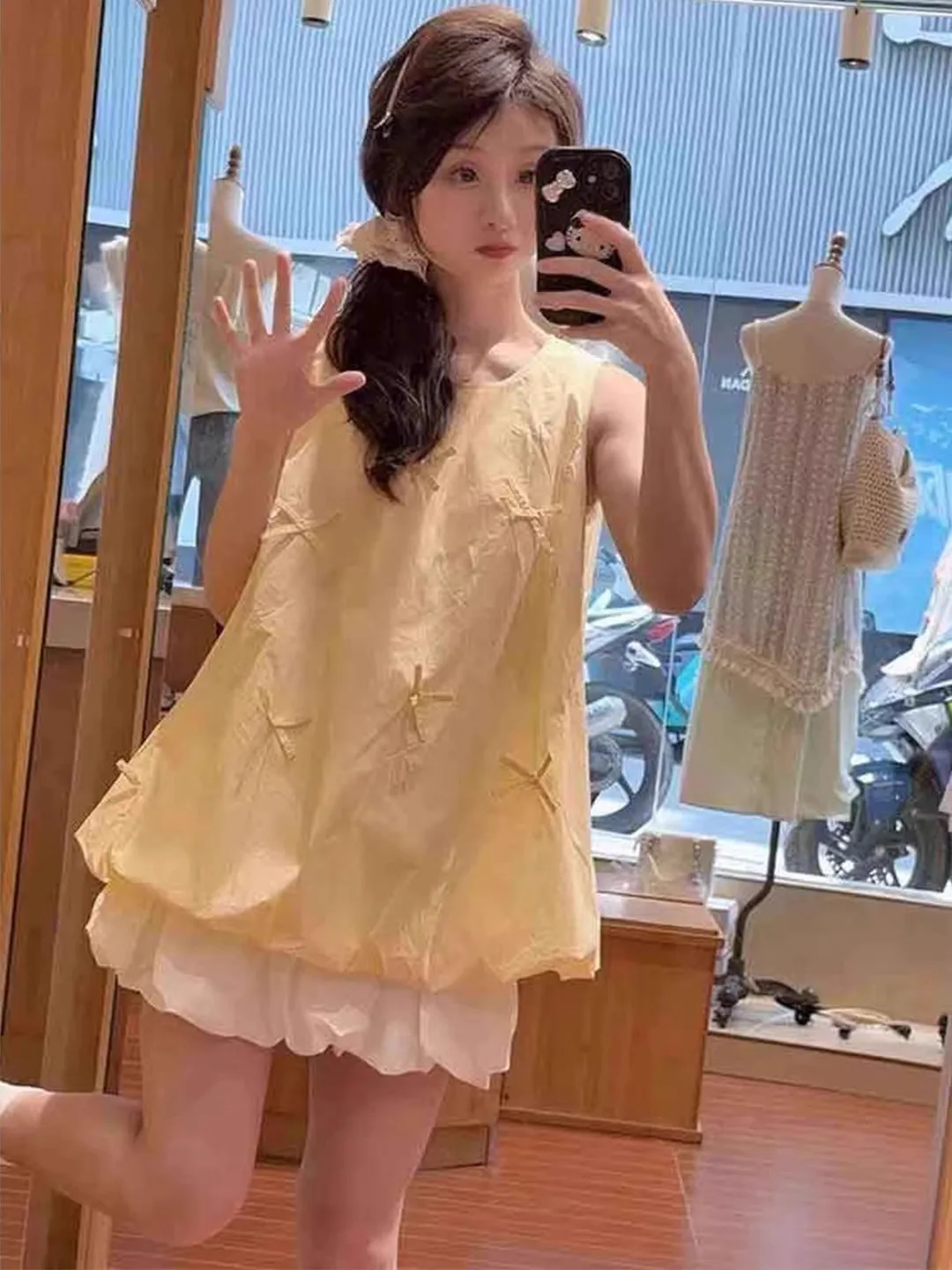 Mignon doux fille Fre Sle Svel haut jaune étudiant gilet fleur jupe Ensemble été Faion femmes ort jupe Ensemble