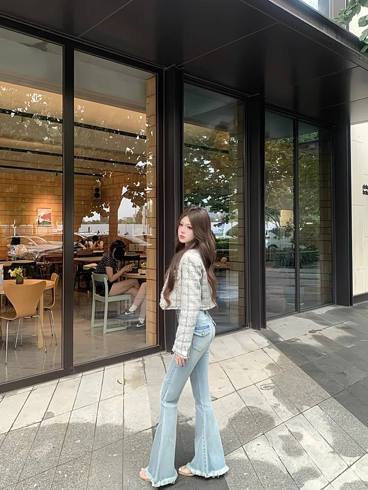 

High Waist Slim Fit Denim Jeans Blue Bell Bottoms Casual Style All Season Women's Premium Quality Elastic Frayed Hem Trousers