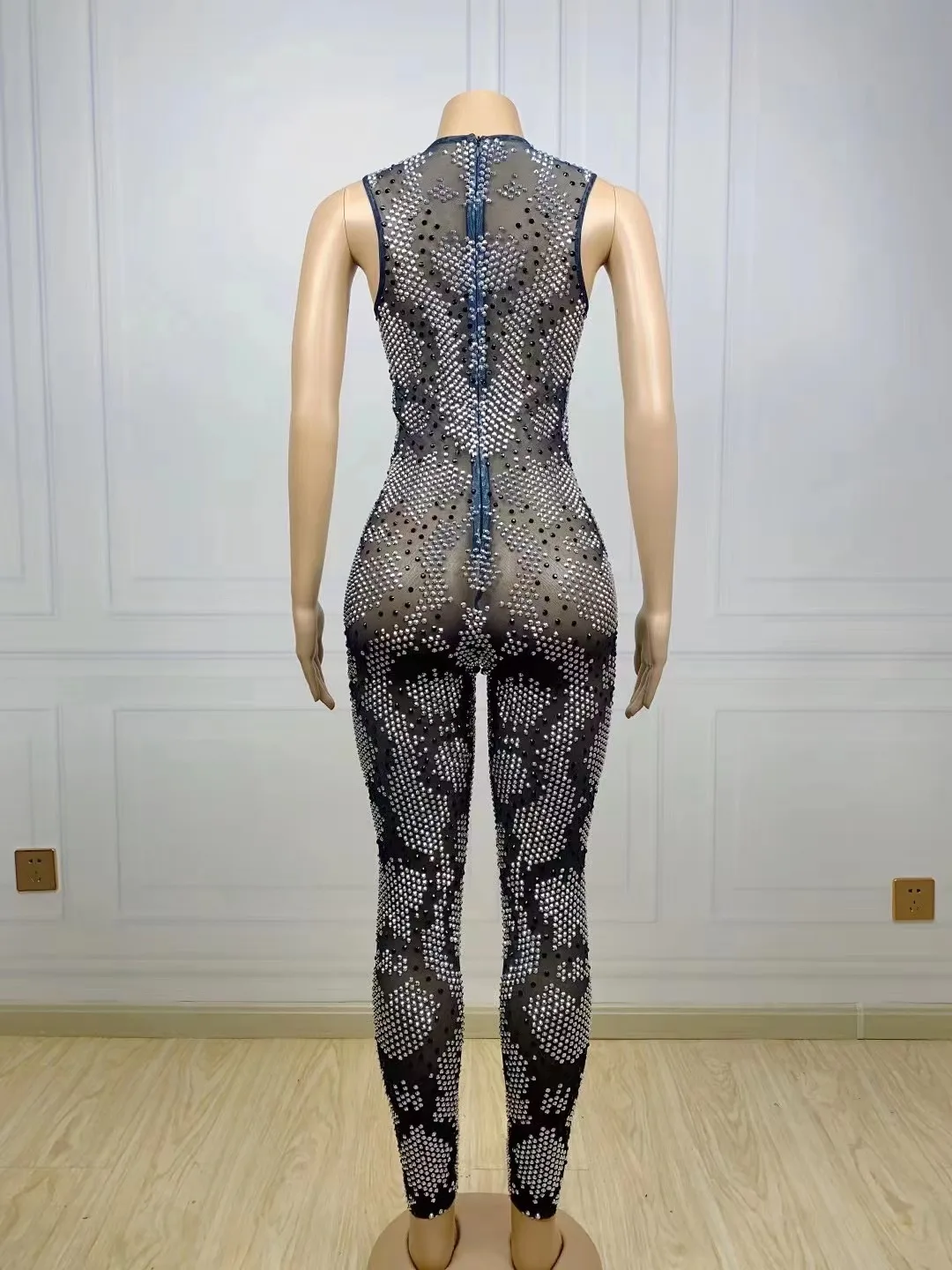 Snake Pattern Design Stunning Stretch Mesh Women Full Rhinestone Jumpsuits Sheer Sexy Drag Queen Outfit Stage Performance Wear