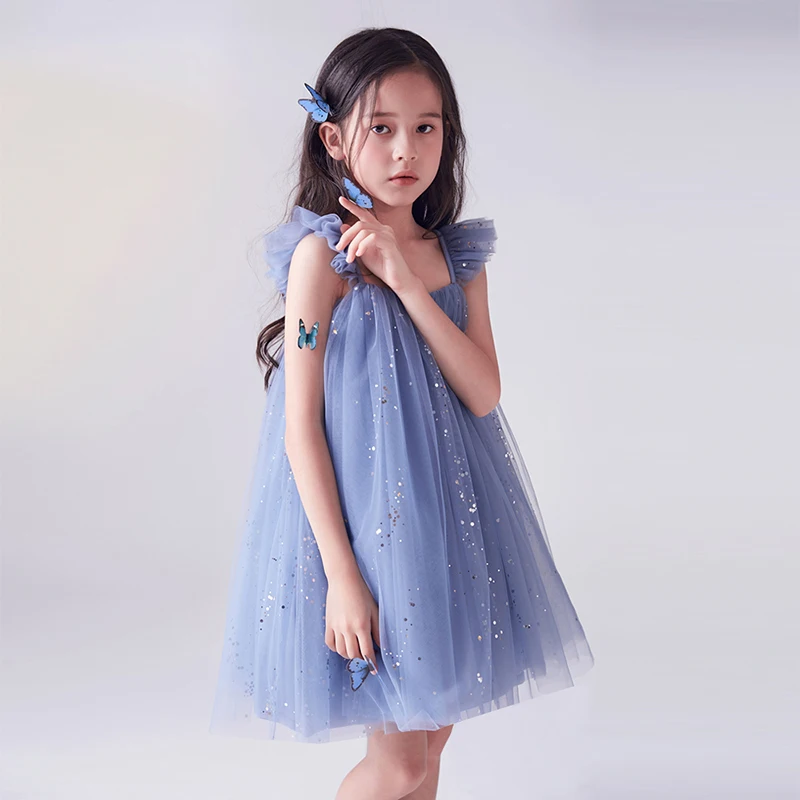 Summer Girls Blue paillettes Princess Dress 3-8 anni Cute Birthday Party Ruffles Mesh Kids Dresses for Girls Holiday Casual Clothes