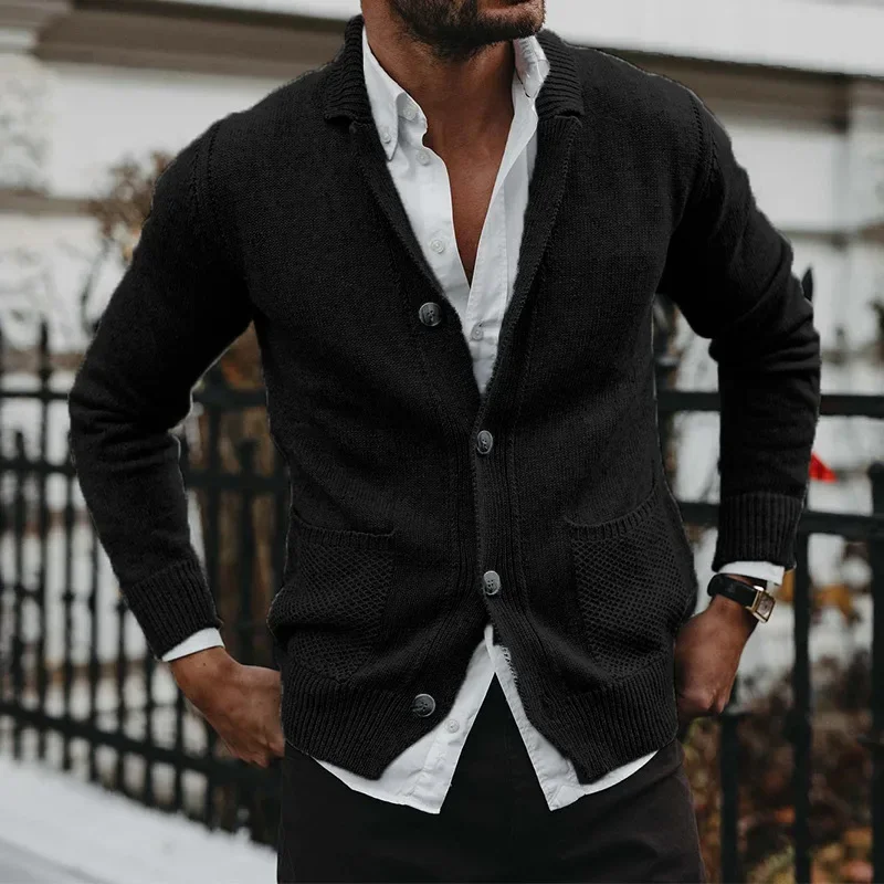 LIBIELIY European And American Men Sweater Cardigan For Autumn And Winter, Solid Color, V-neck, Long-sleeved, Pocket Knitted Swe