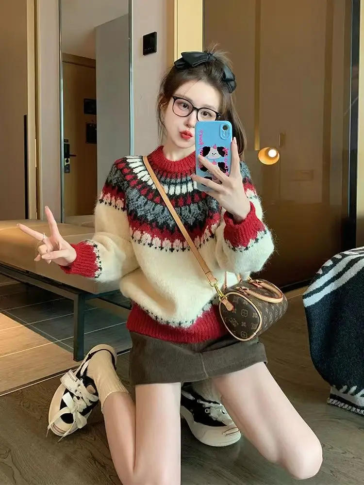 Rode Fel Island Jacquard Trui Gebreide Trui voor Vrouwen 2025, Nieuwe Winter High-end Warme Innerlijke Gebreide Trui Jumpers Koreaanse Tops