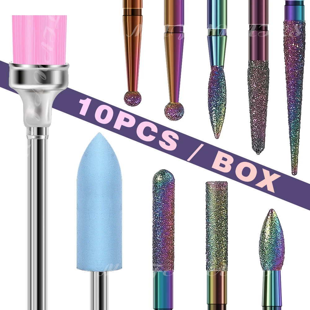 10Pcs/Box Professional Nail Polishing Drill Bits Kit Nail Art Electric Drill File Dead Skin Remove Tolls Accessor Cleaning Brush