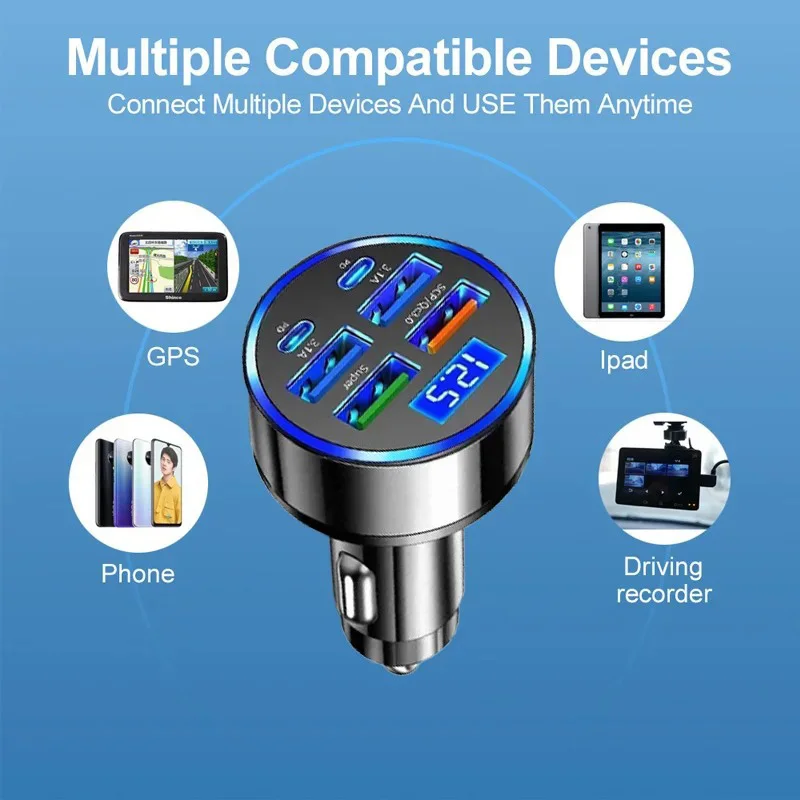 300W 6 Ports Car Charger Fast Charging PD30W/QC3.0/SCP/FCP/AFC/PSS Car Cigarette Lighter Flash Charge with Digital Display 6