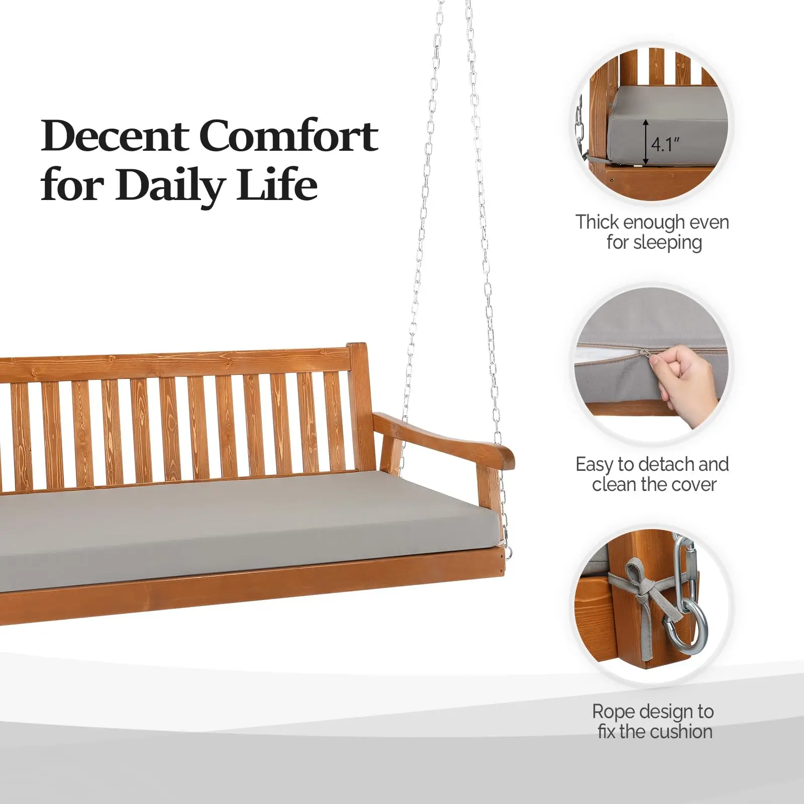 Upgraded 6 FT Wooden Porch Swing Bed, 880 LBS Pine Wood, Brown