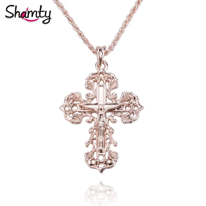 Shamty Cross Necklace Vintage Rose gold Color Fashion Jewelry Necklace Pendants Jesus Cross Orthodox Chain Jesus Christianity