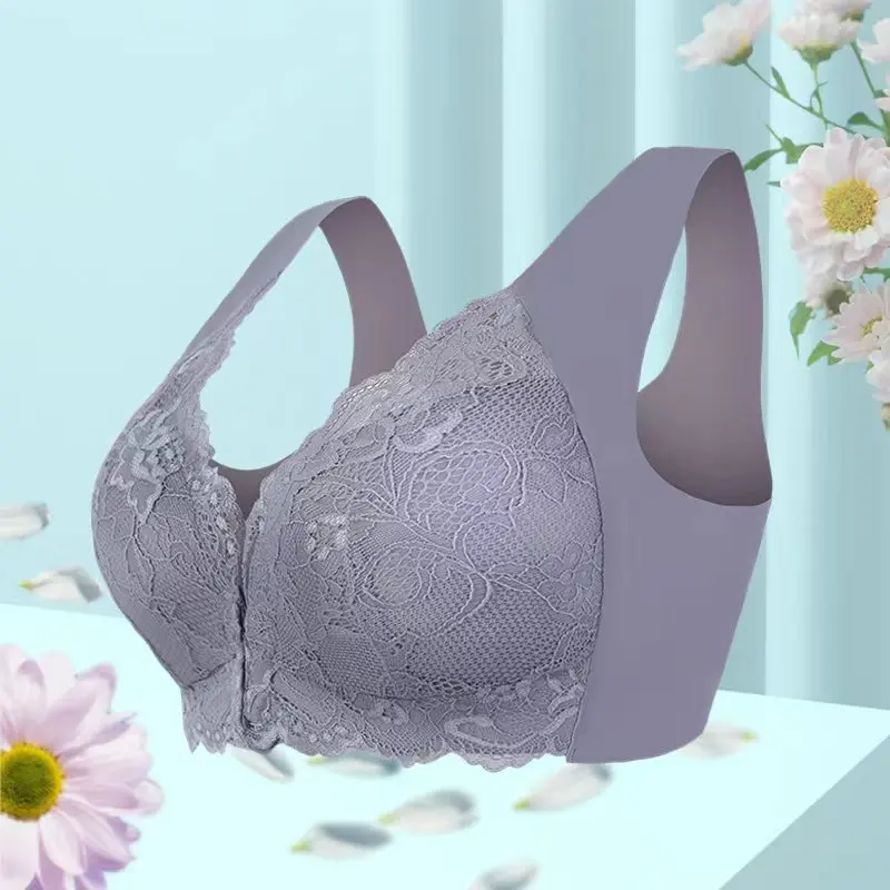 1 Piece Simple Solid Contrast Lace Front Buckle Bra, Comfy & Breathable Wireless Push Up Bra, Women\'s Lingerie & Underwear