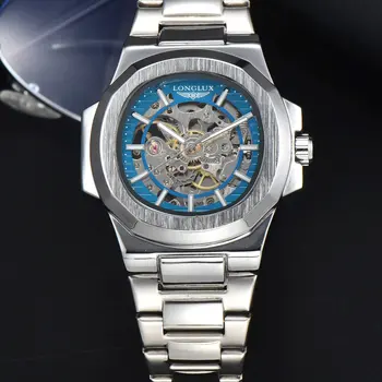 Mens watch cool styles stainless steel blue automatic mechanical watch men luxury skeleton LONGLUX men gift free shipping items