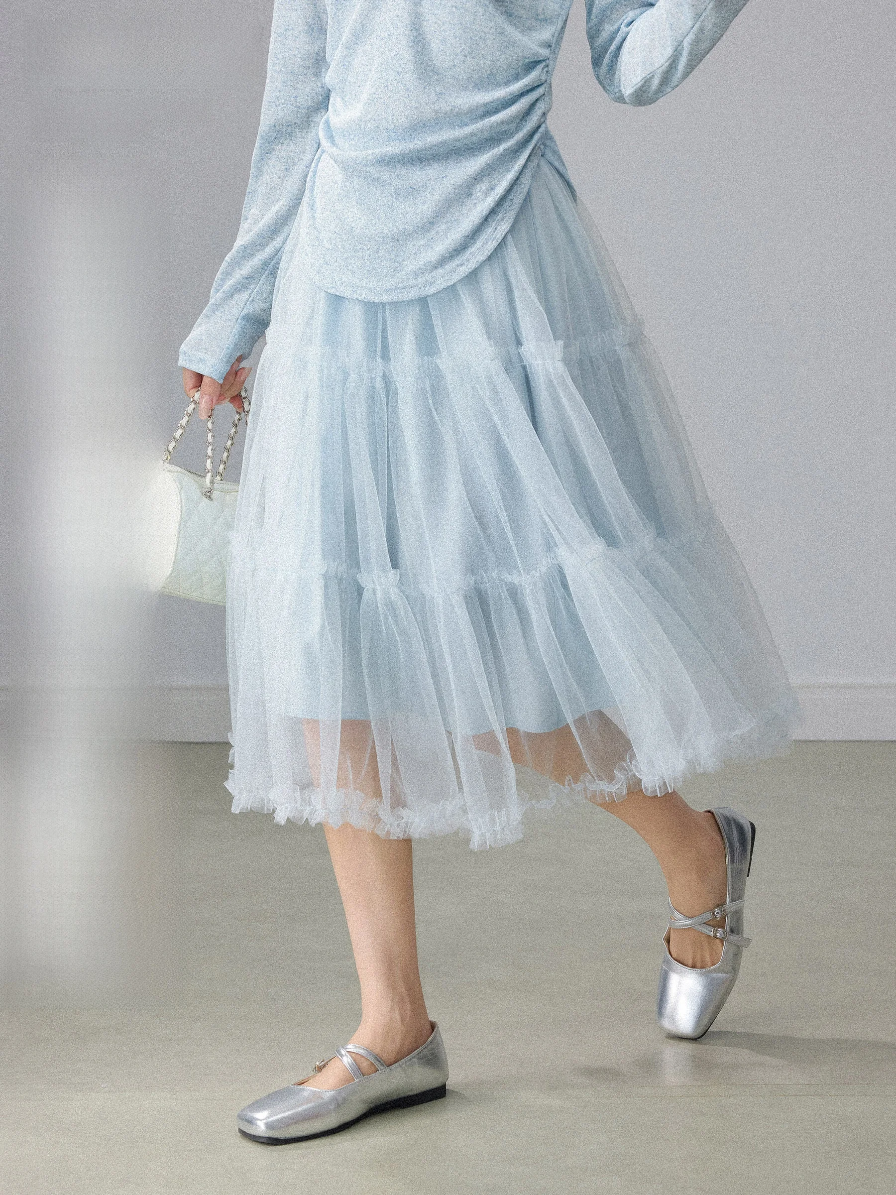 

Синяя женская юбка-миди А-силуэта с высокой талией и вставками, весна 2026, свободная, пышная, из неэластичной ткани