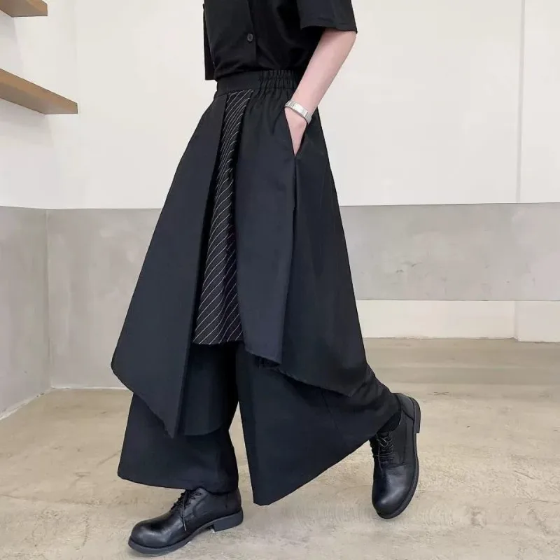 New 2025 Men Fashion Black Irregular Pants Japanese Style Harajuku Mixed Wind Kendo Samurai Culottes Party Dress Trousers