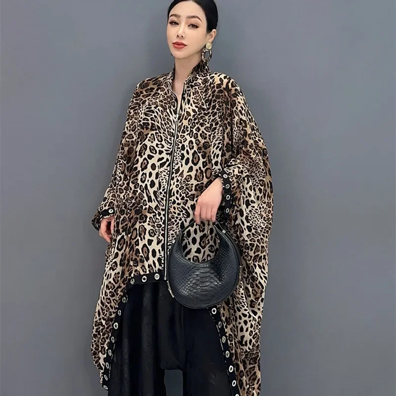 Plus Size Leopard Zipper Shirt Female Batwing Sleeve Irregular Blouse Stand Collar Autumn Thin Outfit Футболка женская