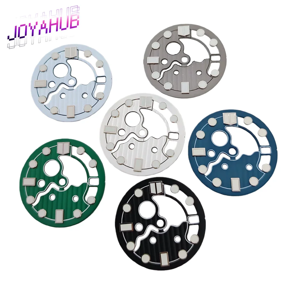 

Customized LOGO Fashion Watch Dial Accessories 28.5MM Hollow Dial Green Fluorescent for NH35/36 Movement for 3-point Handle