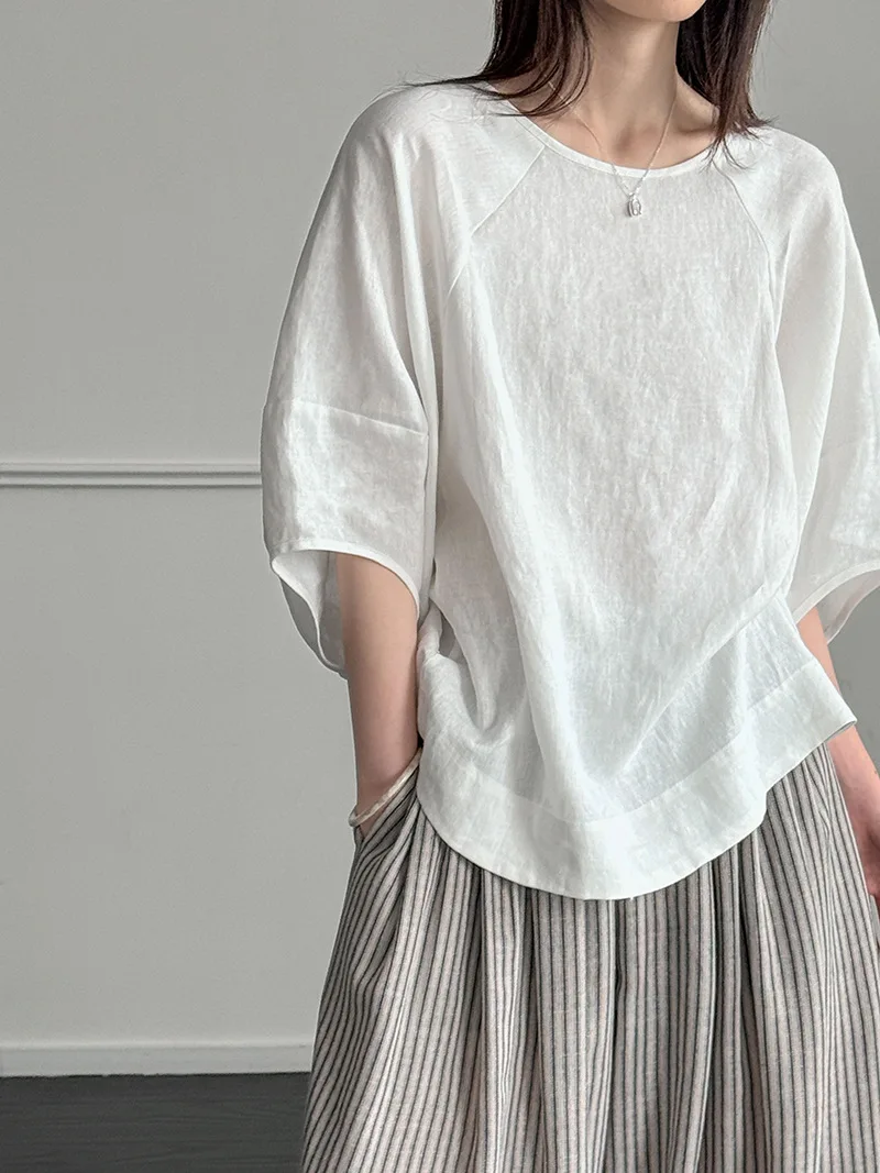 

2026 Women O-Neck Half Sleeve Blouses 100% Linen Good Material Summer Shirts Tops For Women's Casual Clothes Blusas