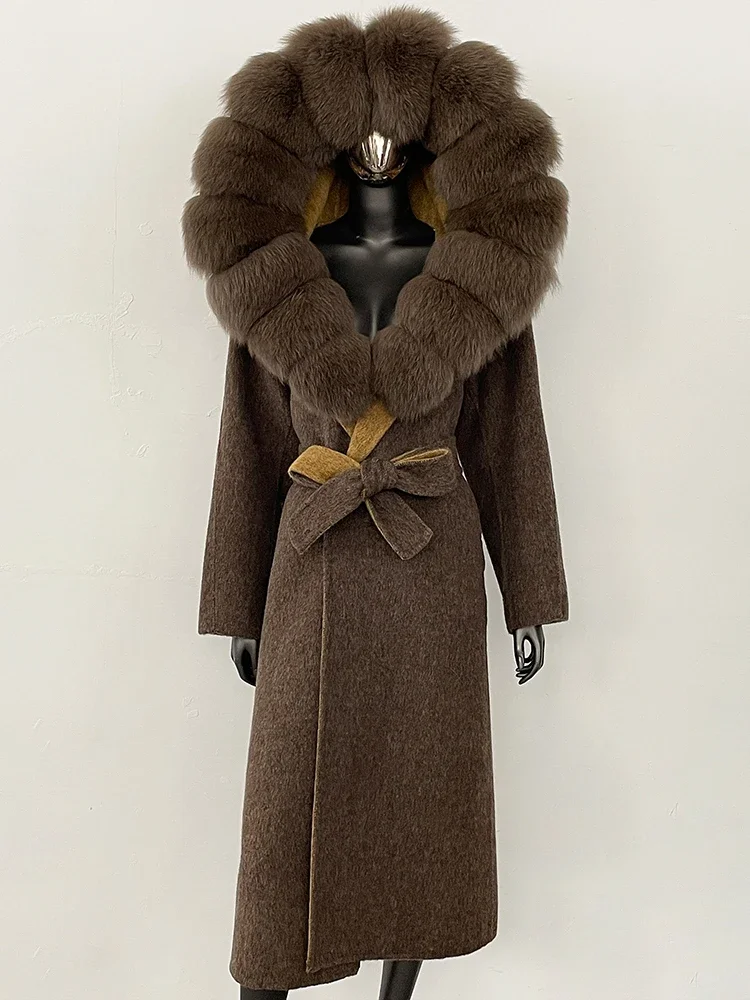 

Women Long Hooded Color Spelling Real Fox Fur Collar Wool Coat New Autumn Winter Clothes Female Belt 100% Woolen Jacket