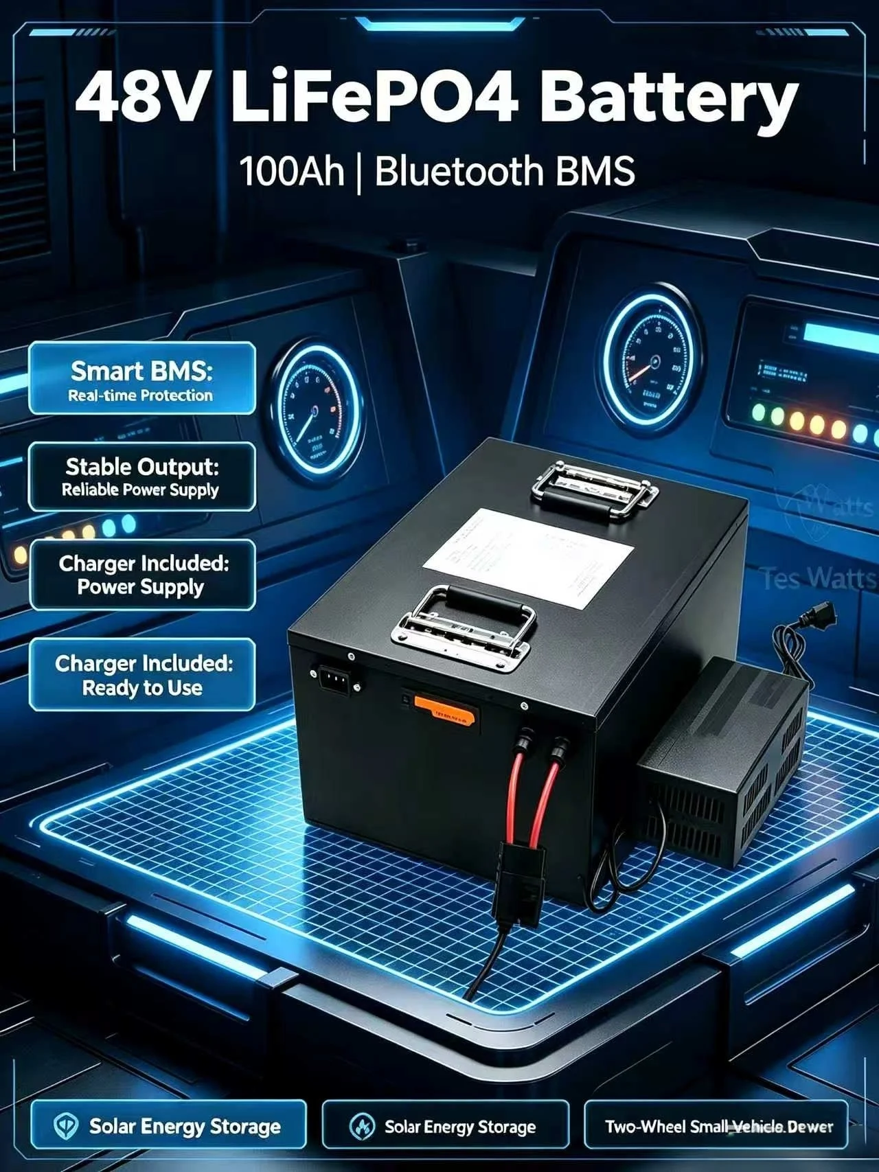 lifepo4 48v 100AH ​​lithium battery with bluetooth BMS APP inverter solar energy storage and two-wheel small vehicle power