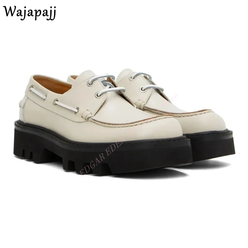

Fashion Men Elastic Lace-Up White Beige Leather Shoes Round Toe Thick Heel Spring Autumn British Style Men Slip On Casual Shoes