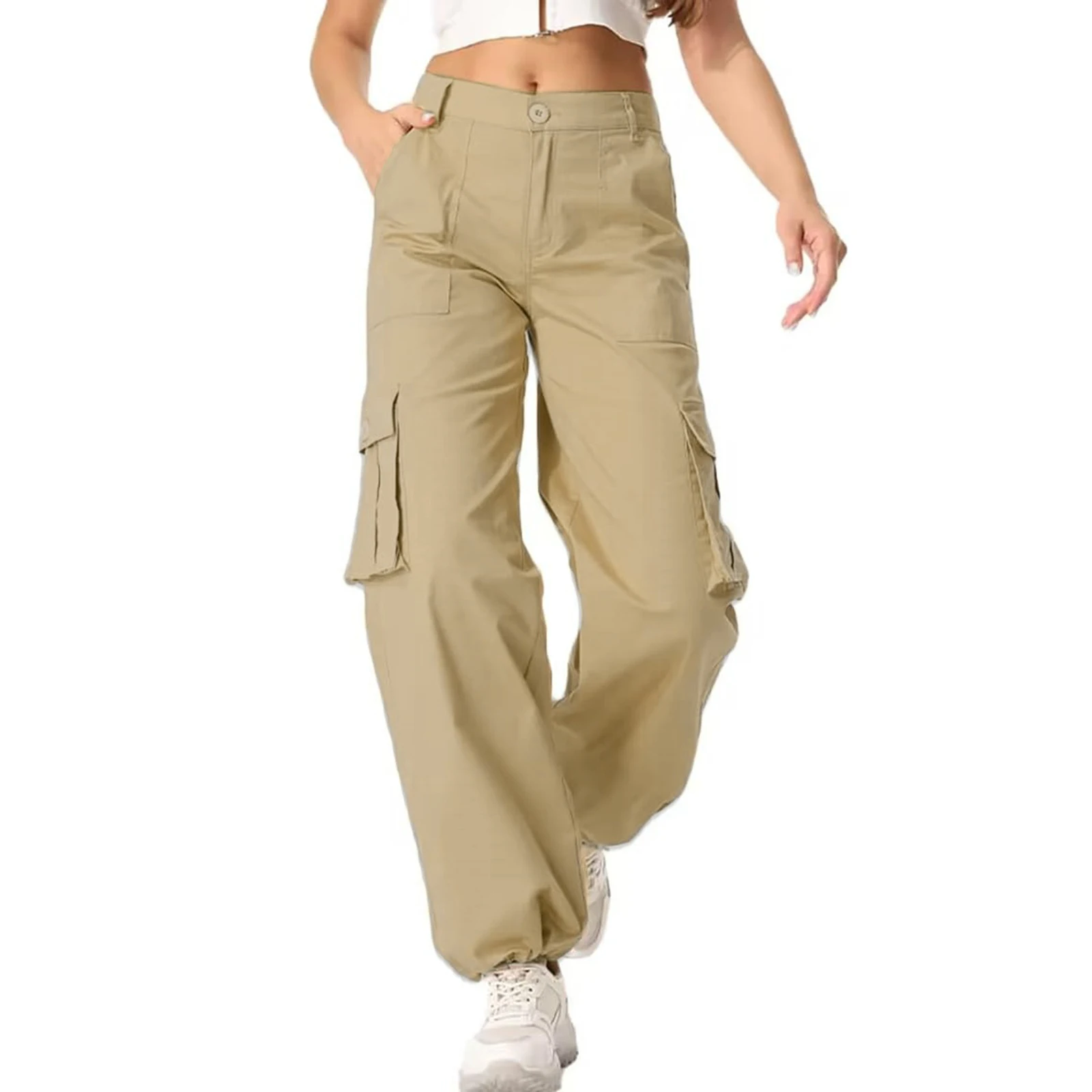 Women's Multi-pocket Cargo Straight-leg Pants High-waisted Loose Trousers Spring Autumn Casual Sweatpants Solid Color Pants
