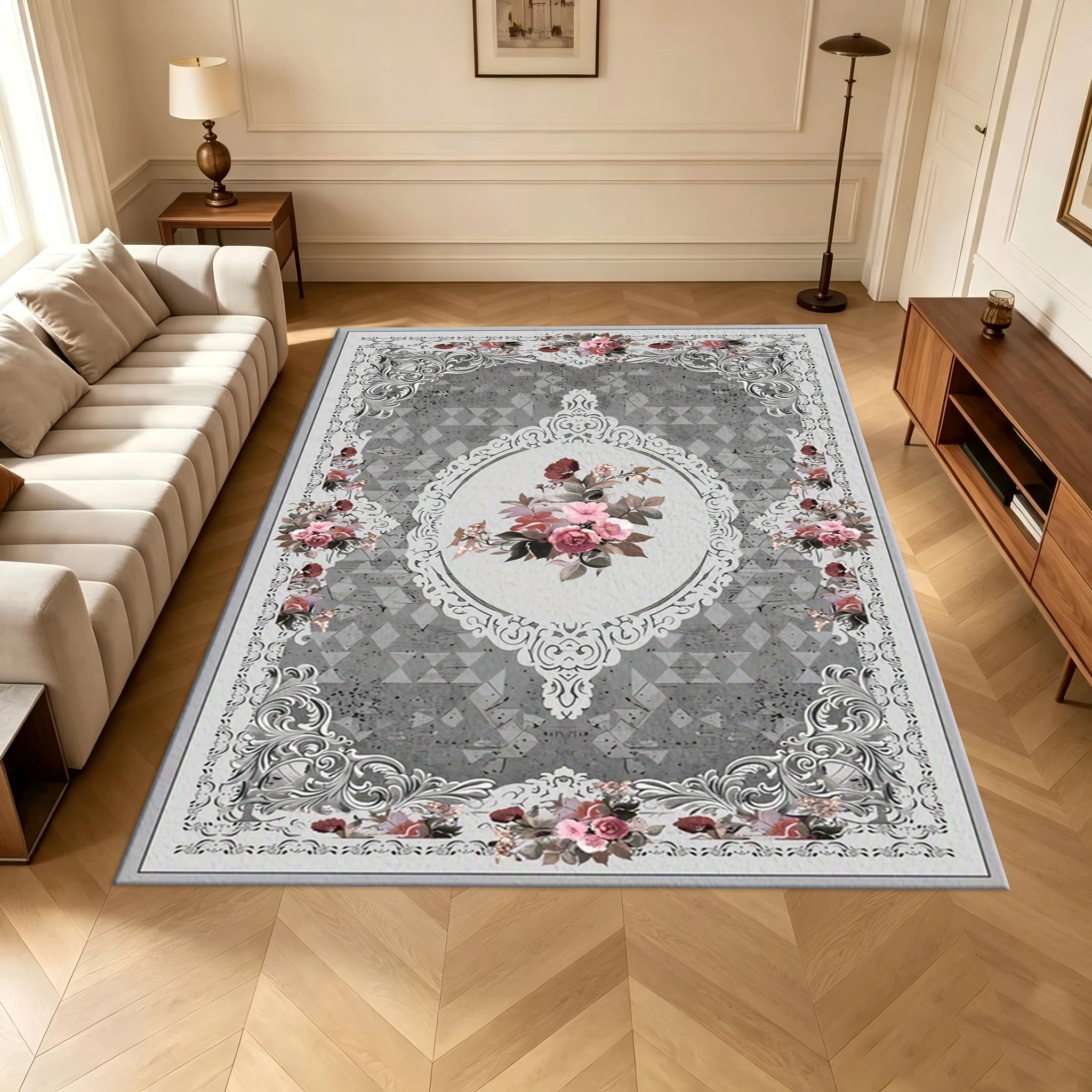 Elegant European Vintage Floral Carpet Gray Pink Rose Flower Ornate Framed Rug for Living Room Bedroom Home Decoration