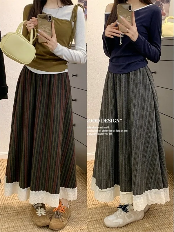 

Винтажная кружевная серая полосатая юбка трапециевидной формы, модная осенняя новая женская одежда, японские нишевые красные юбки в стиле Харадзюку Y2K