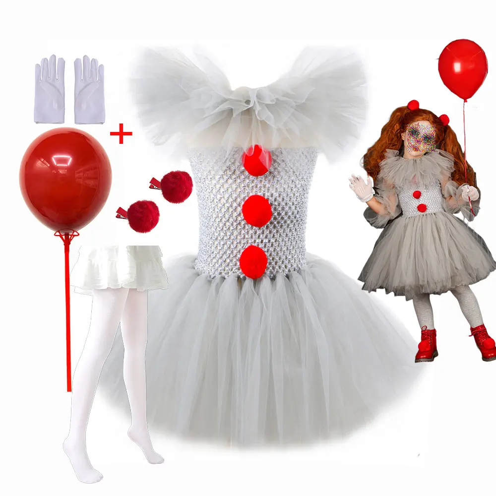 Pennywise Inspired Horrible Creature It Clown Tutu Dress Kids Joker Cosplay Costume with Hair Pin Gloves Girl Halloween Apparel