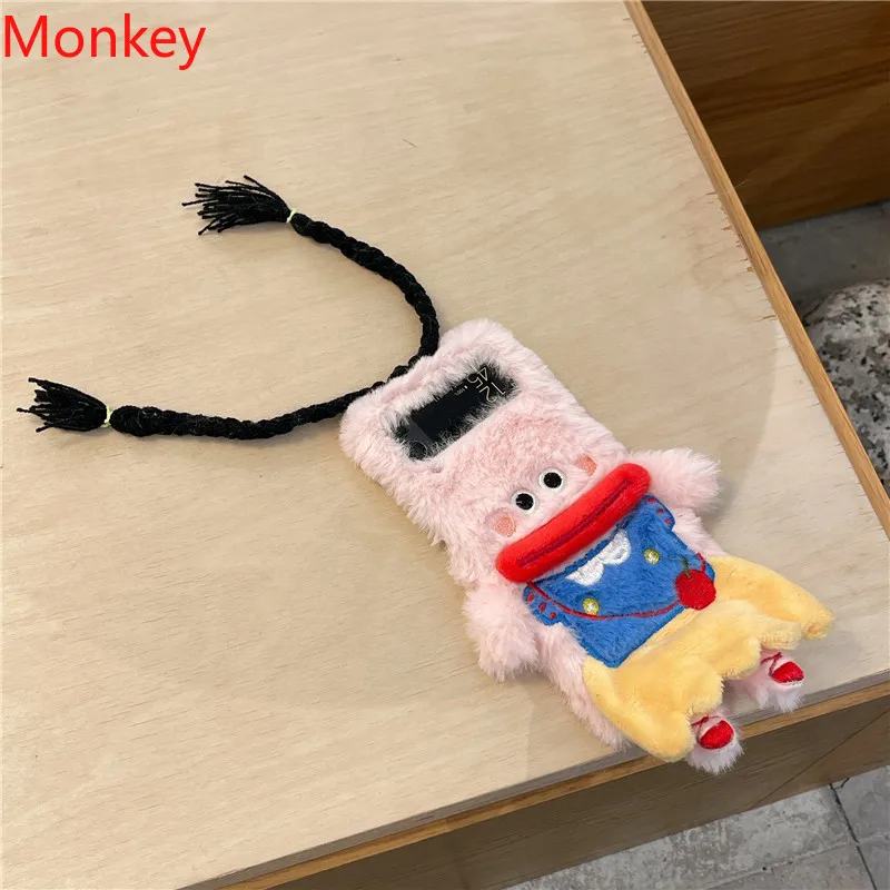 3D Cartoon Braided Girl Phone Case For Samsung Galaxy Z Flip 6 Case 5 4 3 2 1 Flip6 Flip5 Cute Warm Fur Sausage Mouth Cover Gift