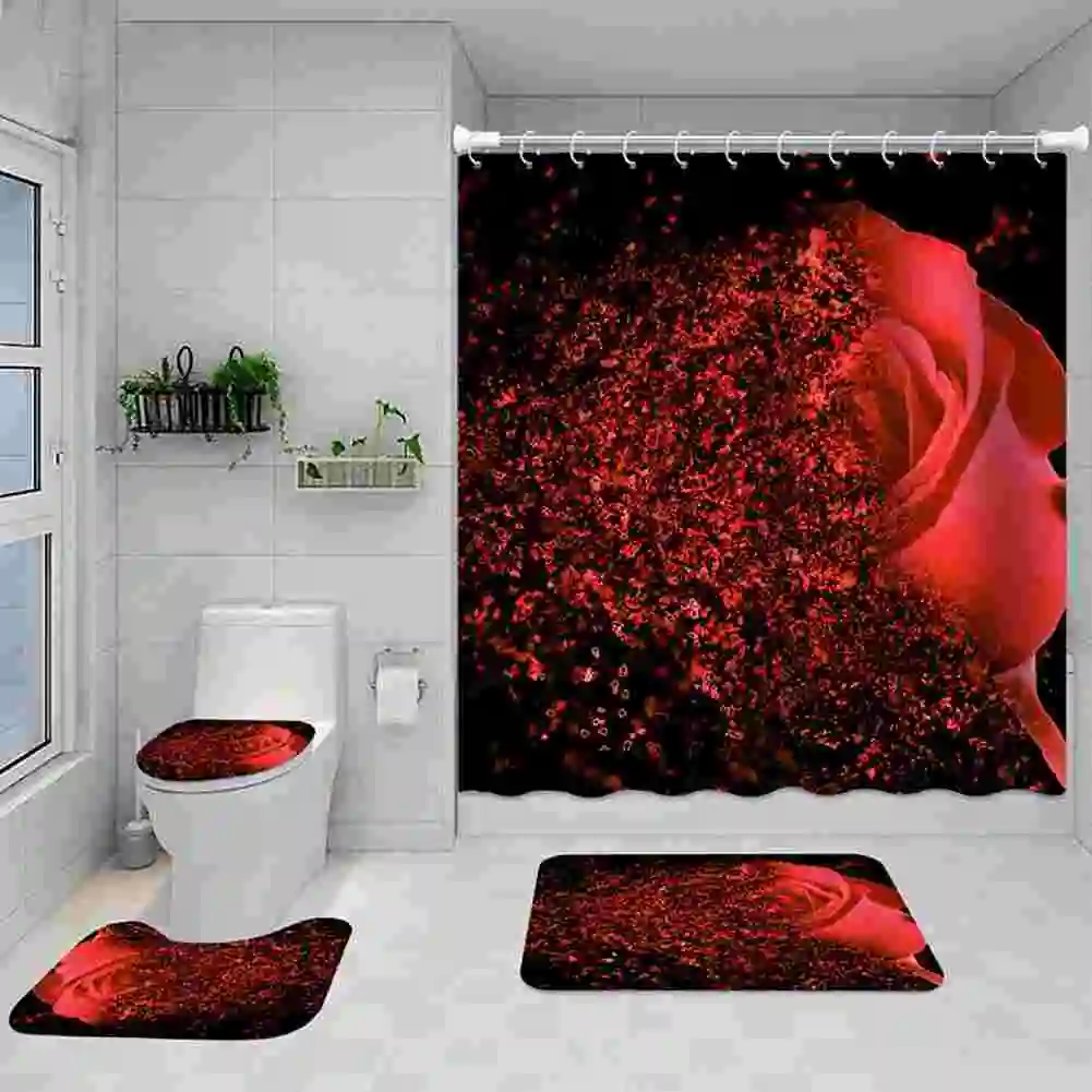 Romantic Rose Print 3D Shower Curtain Waterproof Polyester Bathroom Curtain Set Toilet Lid Cover and Bath Mat Valentine\'s Day