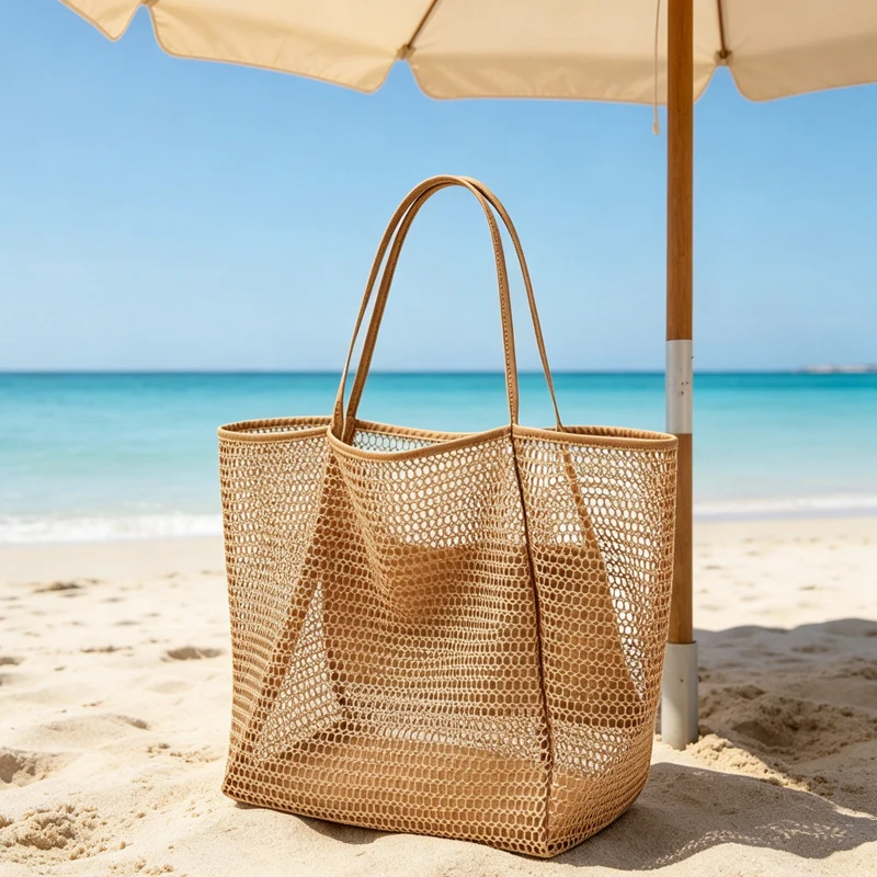 

New Vacation Style Mesh Beach Bag Portable and Foldable Large Capacity Handheld Tote Bag Beach Travel Water Play Sand Prevention