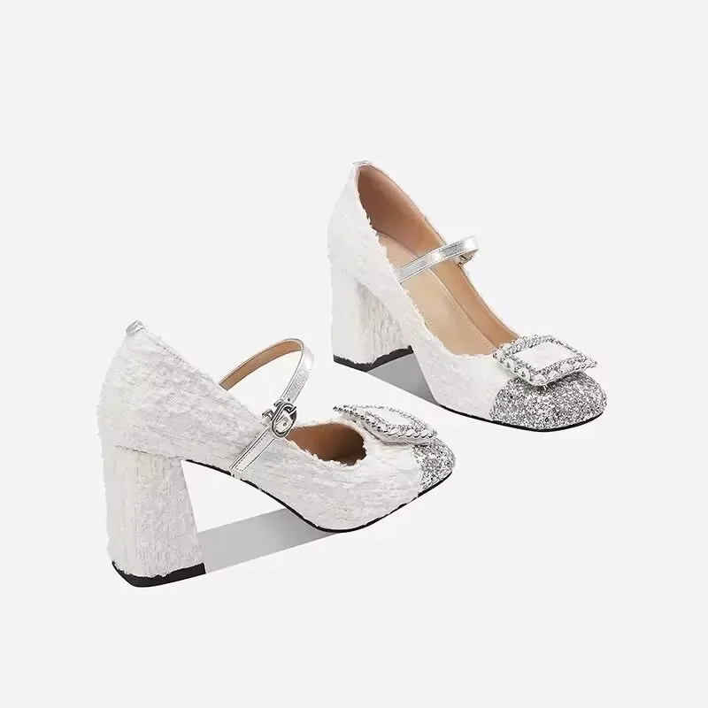 Coarse Woolen HigH For Women In Spring 2024, New Sequin Thick Heels With A Straight Line And Shallow Cut Mary Jane