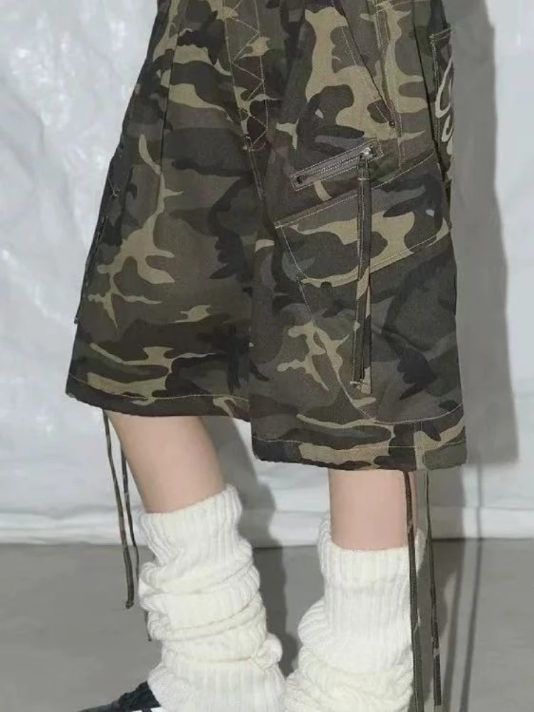 HOUZHOU Camouflage Denim Shorts Women Vintage Letter Print Grunge Wide Leg Shorts Harajuku Retro Punk Streetwear Jeans Shorts