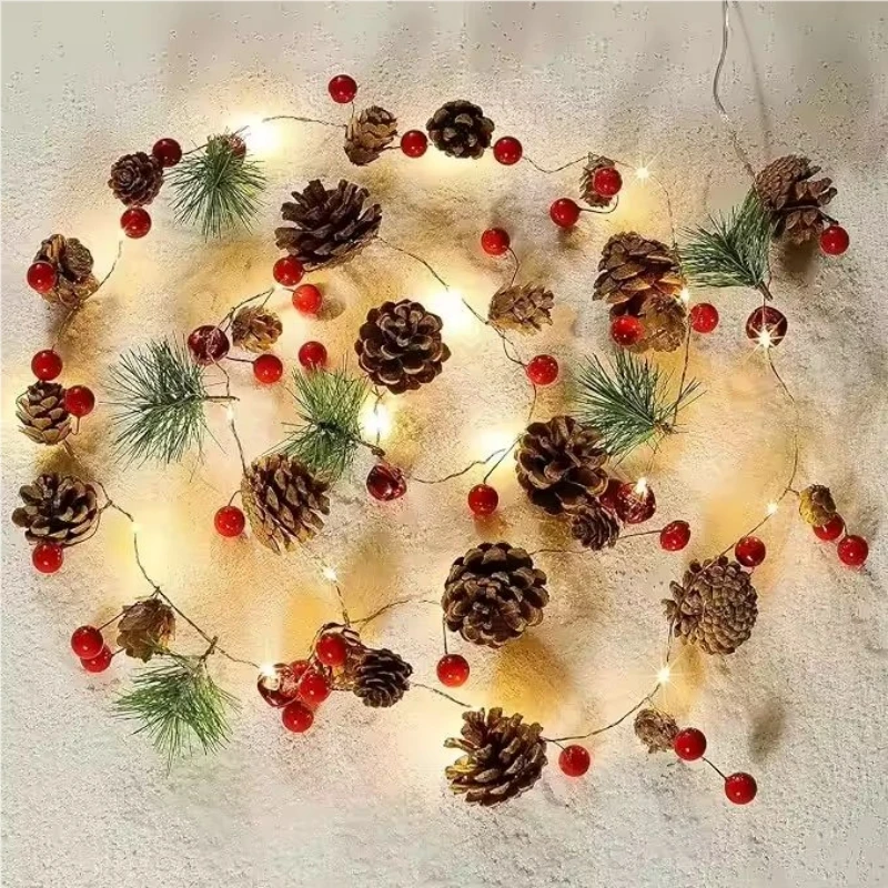 2M20LED Christmas Lights Pinecones String Lights with Red Berries Bells Needles,Battery Operated,Wall Door Xmas Tree Decoration