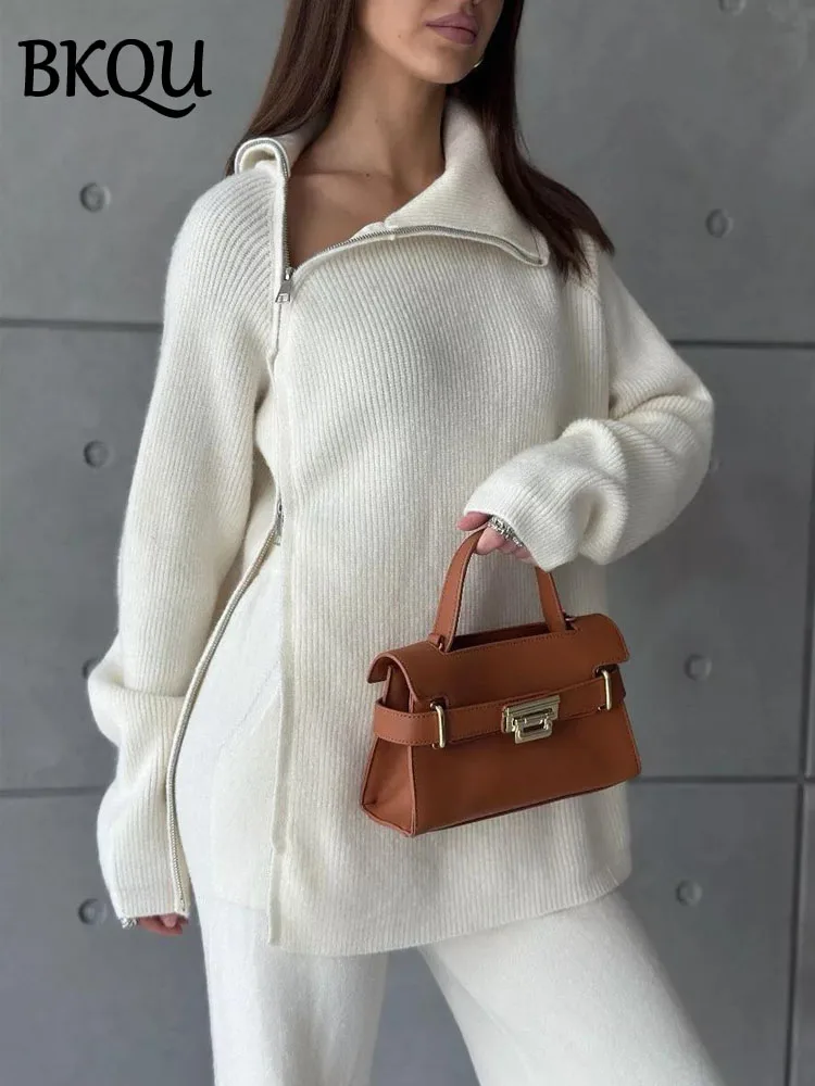 BKQU Dolcevita Maglione con cerniera Pantaloni lavorati a maglia Set da due pezzi Donna Autunno Inverno Casual Pullover caldo Tute elastiche a gamba larga