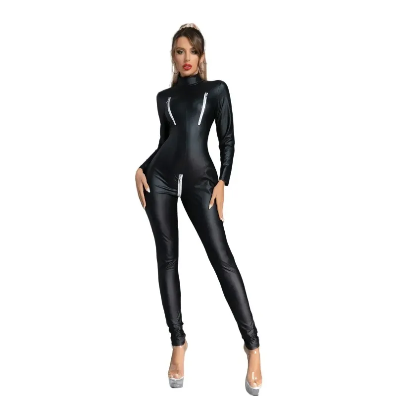 حار مثير المرأة السوداء طويلة الأكمام بو فو الجلود حللا المثيرة سستة مفتوحة المنشعب Catsuits ليلة نادي القطب الرقص ارتداءها #3
