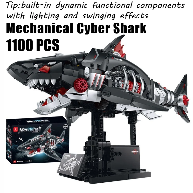 

1100PCS Creative Bionic Mechanical Cyber Shark Building Blocks,Built-in Dynamic Components Collectible Display Toy Birthday Gift